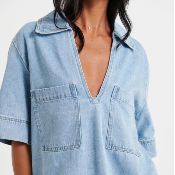 Bronze Snake Rhythm Mini Denim Dress Sky Blue NWOT - Picture 3 of 4